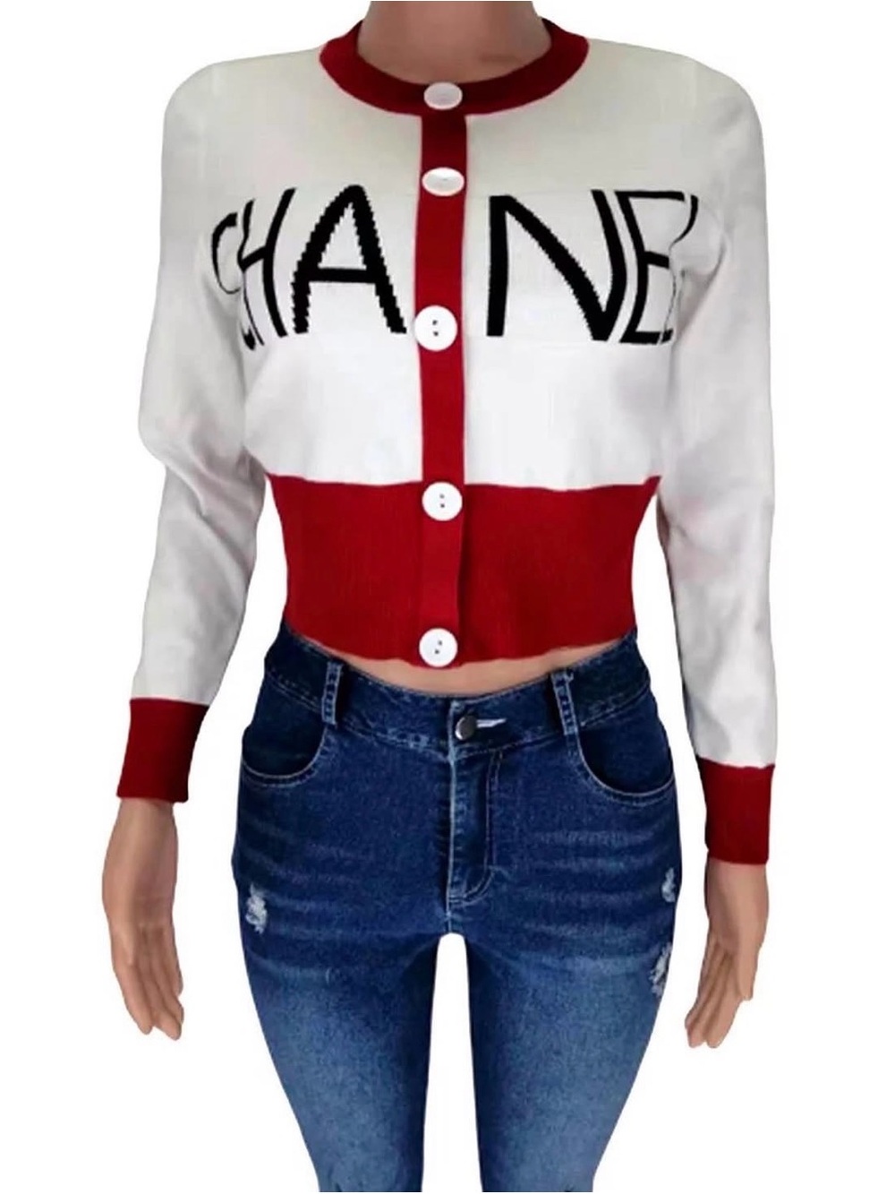 White & Red Cropped Cardigan with Bold Black Logo